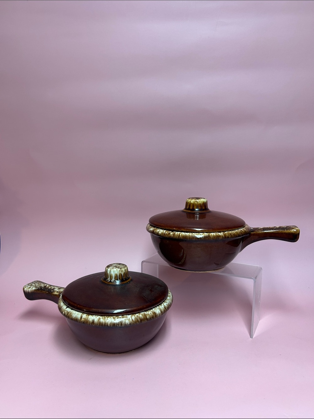 Set of 2  Hull Pottery Oven Proof USA Brown Drip Sauce Pan with Handle and lids